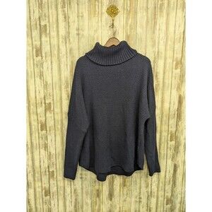 MEROKEETY Womens Chunky Sweater XL Turtleneck Oversized Drop Shoulder Navy Blue
